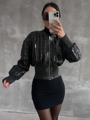 Beli Büzgülü Crop Deri Ceket Siyah (Beden: S)
