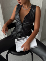 Kaplama Düğmeli Deri Yelek Siyah S24398 (Beden: M) - Görsel 5