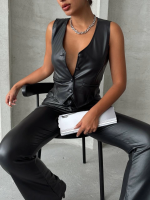 Kaplama Düğmeli Deri Yelek Siyah S24398 (Beden: M) - Görsel 2