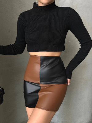 Damalı Deri Etek Siyah Kahve W24648 (Beden: S)