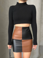 Damalı Deri Etek Siyah Kahve W24648 (Beden: S) - Görsel 3