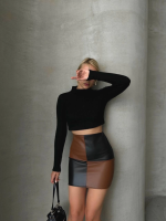 Damalı Deri Etek Siyah Kahve W24648 (Beden: L) - Görsel 4