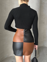 Damalı Deri Etek Siyah Kahve W24648 (Beden: L) - Görsel 5