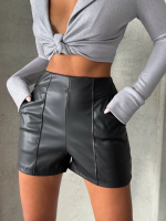 Parçalı Cepli Deri Şort Siyah W26312 (Beden: Xl)