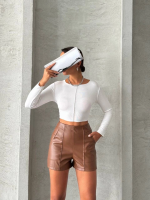 Parçalı Cepli Deri Şort Taba W26312 (Beden: M) - Görsel 4