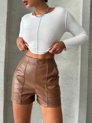 Parçalı Cepli Deri Şort Taba W26312 (Beden: Xl)