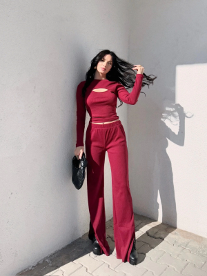 Pencereli Detaylı Alt Üst Takım Bordo W3864 (Beden: S)