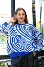 Beyaz Kalp Çizgili Kazak Saks Mavisi (Beden: Standart) - Görsel 2