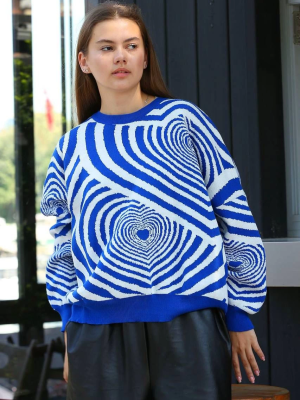 Beyaz Kalp Çizgili Kazak Saks Mavisi (Beden: Standart)