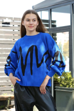 Siyah Çizgili Bisiklet Yaka Kazak Saks (Beden: Standart)