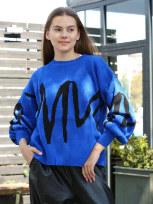 Siyah Çizgili Bisiklet Yaka Kazak Saks (Beden: Standart)