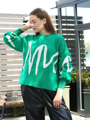 Beyaz Çizgili Bisiklet Yaka Kazak Yeşil (Beden: Standart)