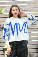 Mavi Çizgili Bisiklet Yaka Kazak Beyaz (Beden: Standart) - Görsel 2