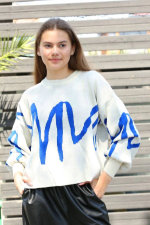 Mavi Çizgili Bisiklet Yaka Kazak Beyaz (Beden: Standart)