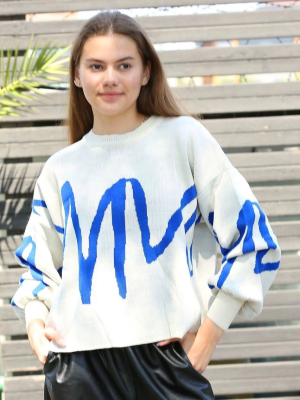 Mavi Çizgili Bisiklet Yaka Kazak Beyaz (Beden: Standart)