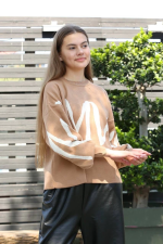 Beyaz Çizgili Bisiklet Yaka Kazak Vizon (Beden: Standart) - Görsel 2