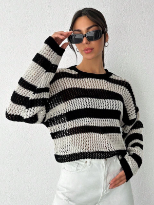 Çizgili Bisiklet Yaka Triko Kazak Beyazsiyah (Beden: Standart)