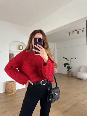 Salaş Delik Detaylı Kazak Kırmızı (Beden: Standart)