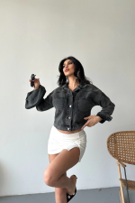 Çift Cepli Kol Katlamalı Süper Taş Enzim Yıkama Crop Kot Ceket Füme D2000 (Beden: S) - Görsel 6