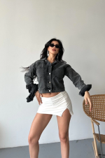 Çift Cepli Kol Katlamalı Süper Taş Enzim Yıkama Crop Kot Ceket Füme D2000 (Beden: S) - Görsel 3