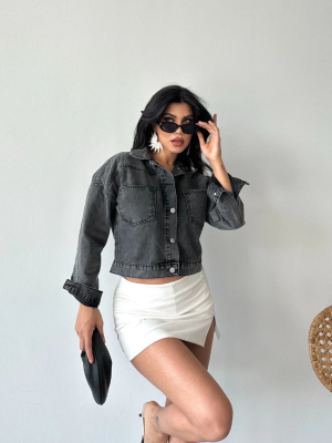 Çift Cepli Kol Katlamalı Süper Taş Enzim Yıkama Crop Kot Ceket Füme D2000 (Beden: S)