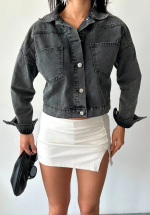 Çift Cepli Kol Katlamalı Süper Taş Enzim Yıkama Crop Kot Ceket Füme D2000 (Beden: M) - Görsel 4