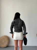 Çift Cepli Kol Katlamalı Süper Taş Enzim Yıkama Crop Kot Ceket Füme D2000 (Beden: L) - Görsel 2