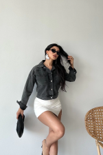 Çift Cepli Kol Katlamalı Süper Taş Enzim Yıkama Crop Kot Ceket Füme D2000 (Beden: L) - Görsel 7