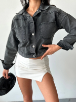 Çift Cepli Kol Katlamalı Süper Taş Enzim Yıkama Crop Kot Ceket Füme D2000 (Beden: L) - Görsel 5