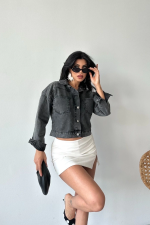 Çift Cepli Kol Katlamalı Süper Taş Enzim Yıkama Crop Kot Ceket Füme D2000 (Beden: L)