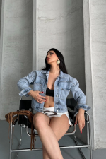 Çift Cepli Kol Katlamalı Kar Yıkama Crop Kot Ceket Mavi D2000 (Beden: S)