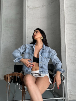 Çift Cepli Kol Katlamalı Kar Yıkama Crop Kot Ceket Mavi D2000 (Beden: S)