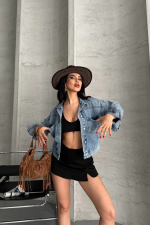 Çift Cepli Kol Katlamalı Kar Yıkama Crop Kot Ceket Mavi D2000 (Beden: S) - Görsel 6