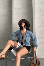 Çift Cepli Kol Katlamalı Kar Yıkama Crop Kot Ceket Mavi D2000 (Beden: S) - Görsel 5