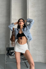 Çift Cepli Kol Katlamalı Kar Yıkama Crop Kot Ceket Mavi D2000 (Beden: S) - Görsel 2