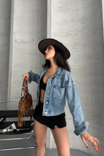 Çift Cepli Kol Katlamalı Kar Yıkama Crop Kot Ceket Mavi D2000 (Beden: S) - Görsel 3