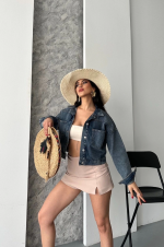 Çift Cepli Kol Katlamalı Kar Yıkama Crop Kot Ceket Kahve Tint D2000 Mavi (Beden: S) - Görsel 2