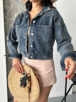 Çift Cepli Kol Katlamalı Kar Yıkama Crop Kot Ceket Kahve Tint D2000 Mavi (Beden: S) - Görsel 7