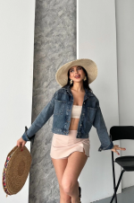 Çift Cepli Kol Katlamalı Kar Yıkama Crop Kot Ceket Kahve Tint D2000 Mavi (Beden: S) - Görsel 4