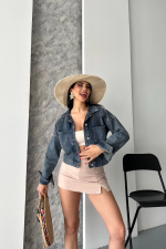 Çift Cepli Kol Katlamalı Kar Yıkama Crop Kot Ceket Kahve Tint D2000 Mavi (Beden: S) - Görsel 5