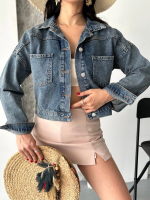 Çift Cepli Kol Katlamalı Kar Yıkama Crop Kot Ceket Kahve Tint D2000 Mavi (Beden: S)