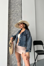 Çift Cepli Kol Katlamalı Kar Yıkama Crop Kot Ceket Kahve Tint D2000 Mavi (Beden: S) - Görsel 3