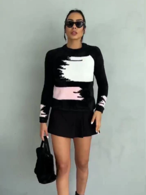 Bıyıklı Triko Kazak Siyah (Beden: Standart)