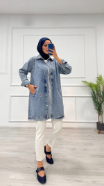 Taşlı Tunik Ceket Kar Yıkamalı Mavi D2516 (Beden: S/M) - Görsel 3