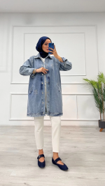 Taşlı Tunik Ceket Kar Yıkamalı Mavi D2516 (Beden: S/M) - Görsel 2