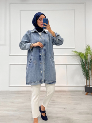 Taşlı Tunik Ceket Kar Yıkamalı Mavi D2516 (Beden: S/M)