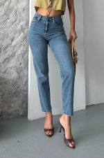 Mom Fit Kar Yıkama Bıyık Detaylı Jeans Pantolon D2006 Mavi (Beden: 34)