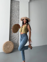 Mom Fit Kar Yıkama Bıyık Detaylı Jeans Pantolon D2006 Mavi (Beden: 34) - Görsel 5