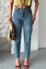 Mom Fit Kar Yıkama Bıyık Detaylı Jeans Pantolon D2006 Mavi (Beden: 34) - Görsel 7
