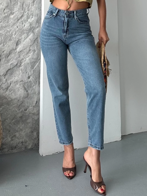 Mom Fit Kar Yıkama Bıyık Detaylı Jeans Pantolon D2006 Mavi (Beden: 40)